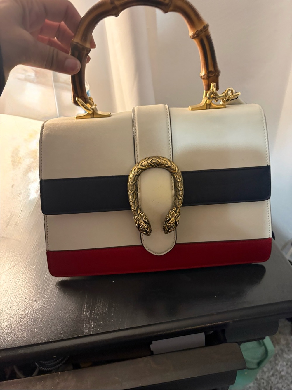 Gucci Dionysus Bamboo Top Handle Satchel in Ivory, Black & Red - Picture 3 of 7